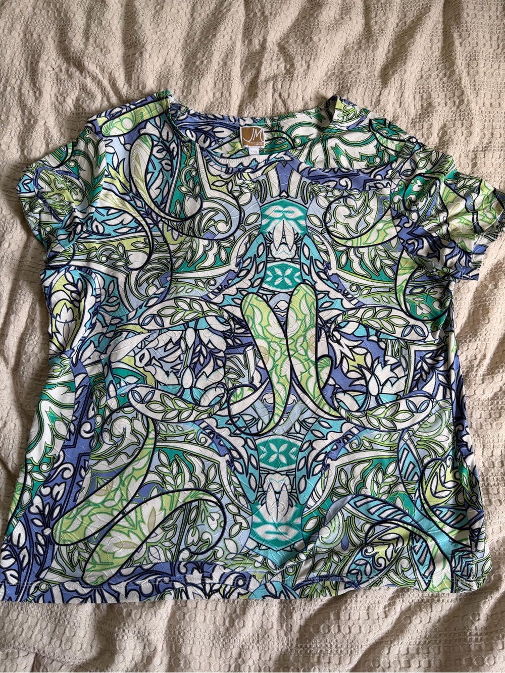 JM Collection Short-Sleeve Paisley-Print Top in Blue & Green